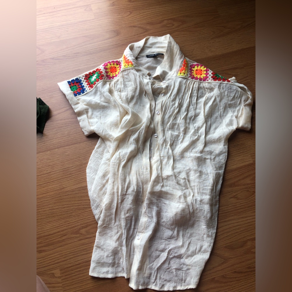 Boho Embroidered Button-Down Shirt Dress - Cream with Multicolor Accents